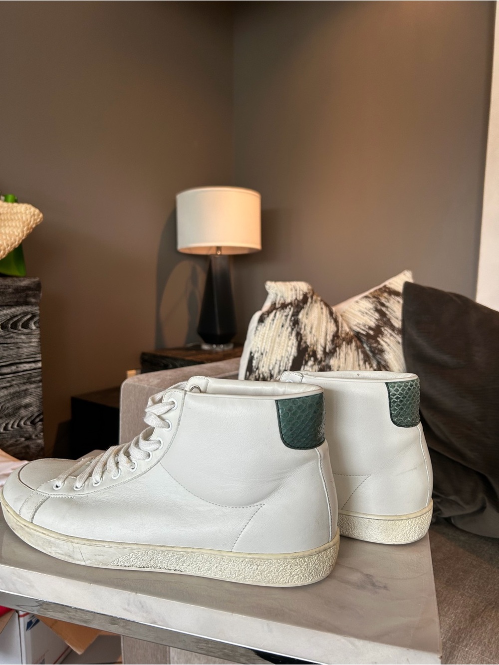 Gucci White Leather High-Top Sneakers with Dark Green Heel Tab